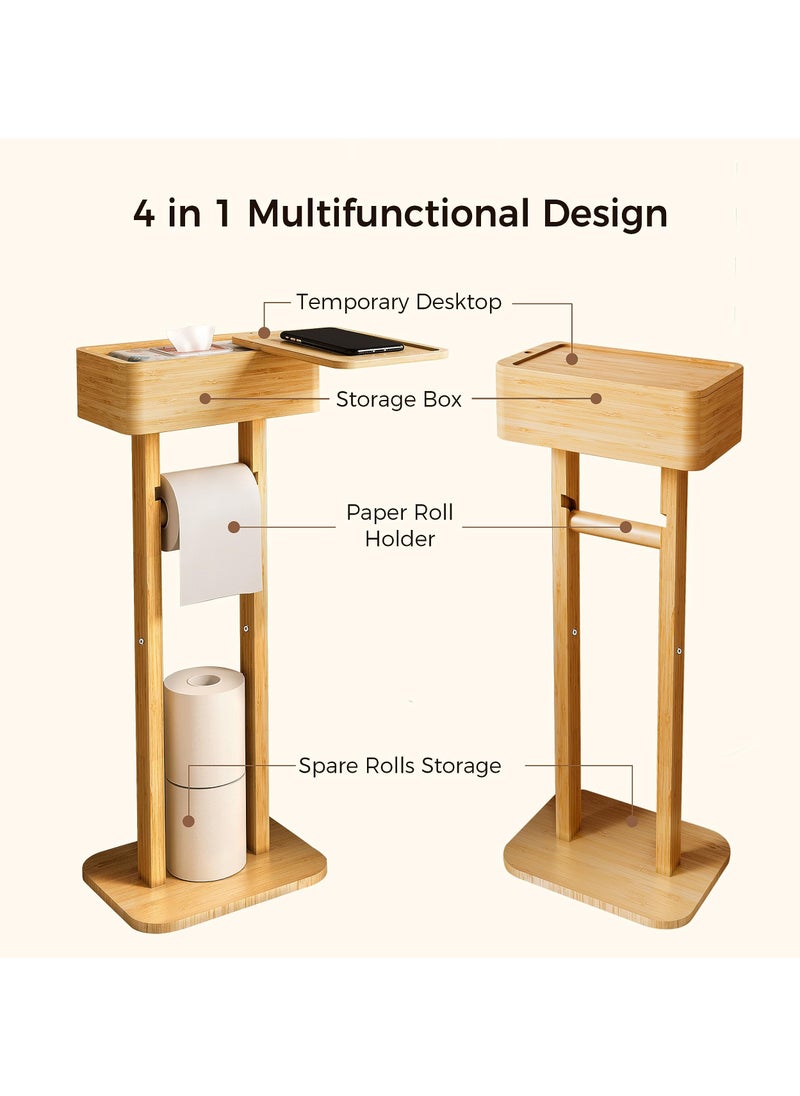 XiuWoo - 4-in-1 Toilet Paper Holder Stand with Storage Shelf Box, 360° Rotating Bamboo Free Standing Toilet Tissue Roll, Toilet Wipes Dispenser Organizer Desktop for Bathroom - Image 1