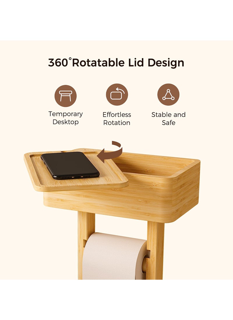 XiuWoo - 4-in-1 Toilet Paper Holder Stand with Storage Shelf Box, 360° Rotating Bamboo Free Standing Toilet Tissue Roll, Toilet Wipes Dispenser Organizer Desktop for Bathroom - Image 1