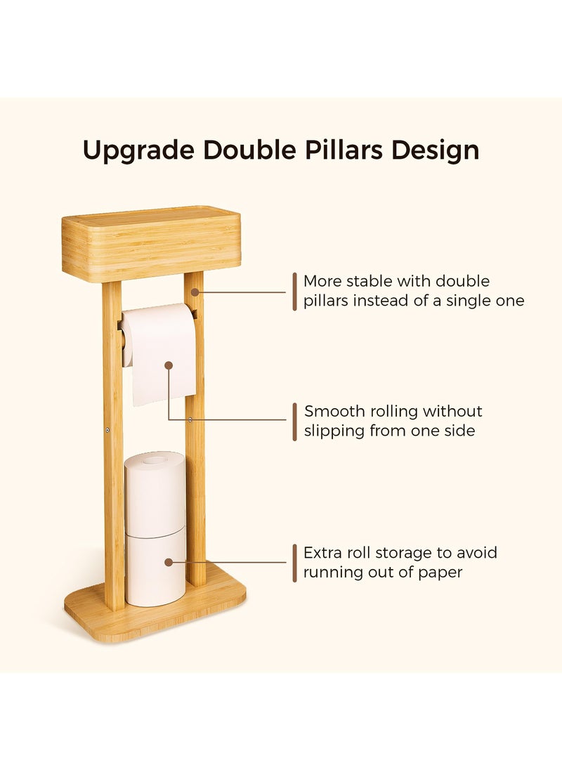 XiuWoo - 4-in-1 Toilet Paper Holder Stand with Storage Shelf Box, 360° Rotating Bamboo Free Standing Toilet Tissue Roll, Toilet Wipes Dispenser Organizer Desktop for Bathroom - Image 1