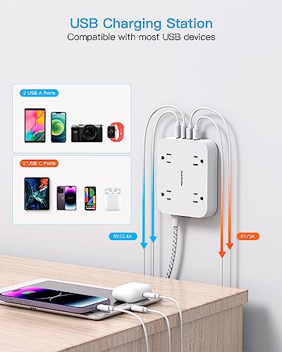 HANYCONY 10 Ft Extension Cord, HANYCONY Ultra Thin Flat Power Strip with 4 Outlets 4 USB Ports (2 USB C), Wall Mount, Multi Plug Outlet Extender Desk Charging Station for Office Travel Dorm Room Essentials - Image 3