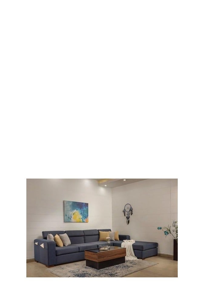 ركنة حرف L مودرن بجيوب جانبية – قماش كتان وخشب زان – مقاس 300×200×90 سم