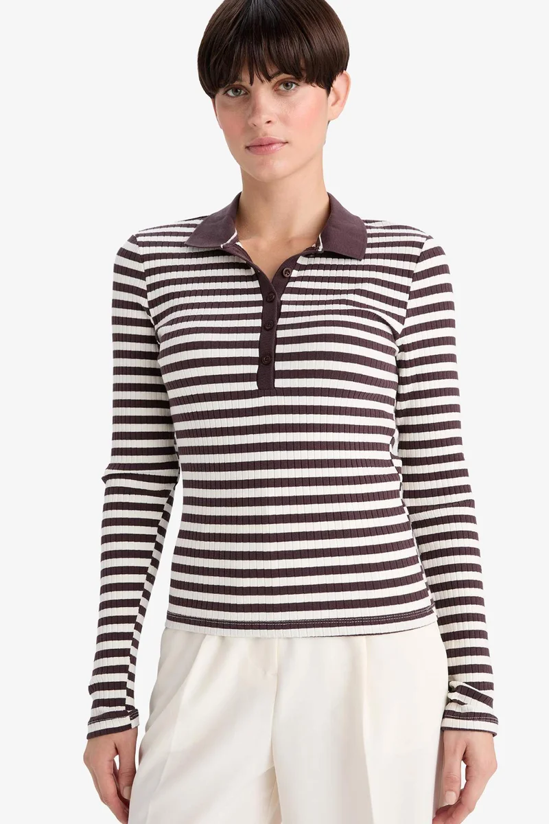 ديفاكتو Slim Fit Polo Collar Striped Camisole Long Sleeve T-Shirt