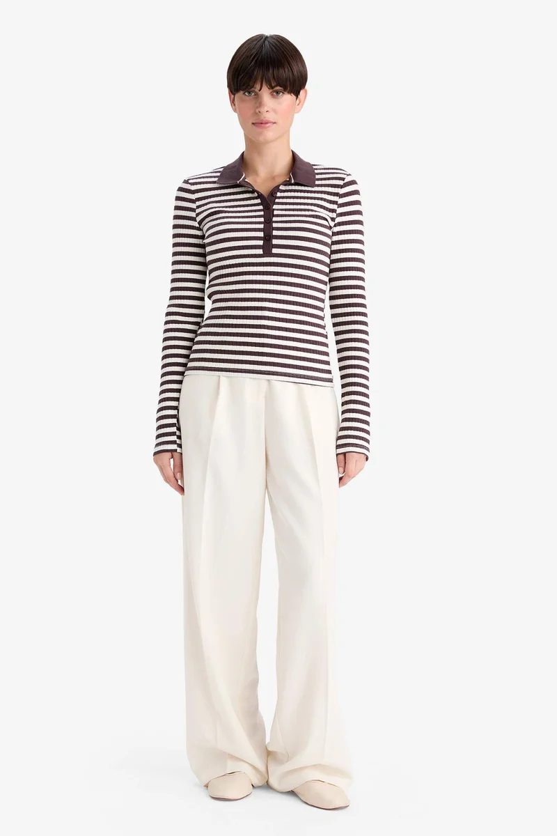 ديفاكتو Slim Fit Polo Collar Striped Camisole Long Sleeve T-Shirt