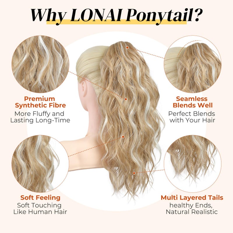 LONAI Ponytail Extension, 18" Wavy Claw Clip Ponytail Extensions Shoulder Length Curly Wavy Claw Clip in Ponytail Hair Extensions Synthetic Fake Pony tails Hairpieces-Golden Blonde White Blonde - Image 3