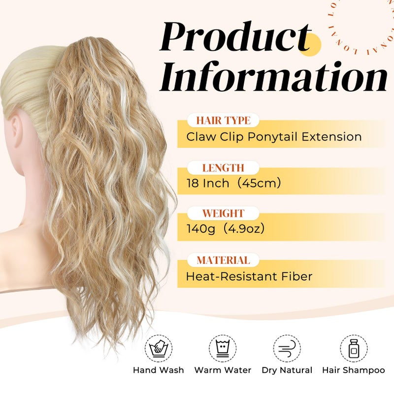 LONAI Ponytail Extension, 18" Wavy Claw Clip Ponytail Extensions Shoulder Length Curly Wavy Claw Clip in Ponytail Hair Extensions Synthetic Fake Pony tails Hairpieces-Golden Blonde White Blonde - Image 2