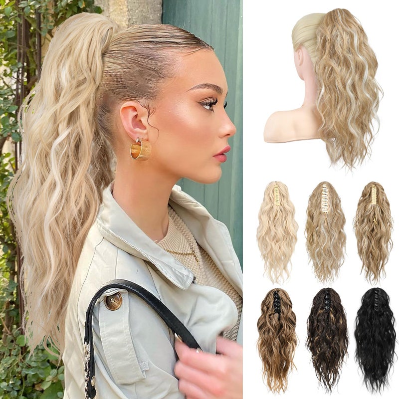 LONAI Ponytail Extension, 18" Wavy Claw Clip Ponytail Extensions Shoulder Length Curly Wavy Claw Clip in Ponytail Hair Extensions Synthetic Fake Pony tails Hairpieces-Golden Blonde White Blonde - Image 1
