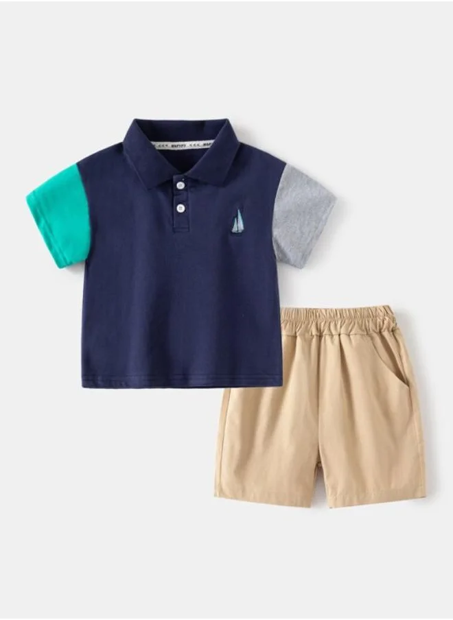 يونيكي Navy Blue Polo Collar Short Sleeve Applique Tshirt & Shorts