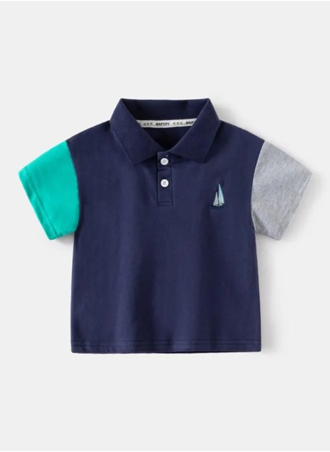 يونيكي Navy Blue Polo Collar Short Sleeve Applique Tshirt & Shorts