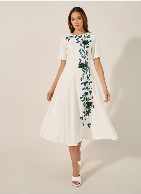 Print Short Sleeves A-Line Midi Dress