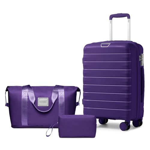 LARVENDER Luggage Sets 3 Piece with Duffel Bag Hardside PP Carry On Suitcase with 360° Spinner Wheels TSA Lock Luggage Sets for Women, Grape Purple - Image 1