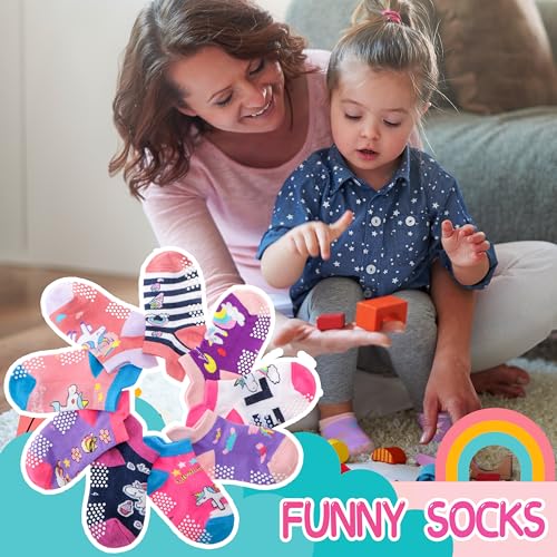 Welwoos Baby Girls Toddlers Grips Socks Kids Non Slip Anti Skid Ankle Unicorn Gift Cotton No Show Socks with Grippers 9 Pairs (Rainbow Unicorn, 3-5 Y) - Image 4
