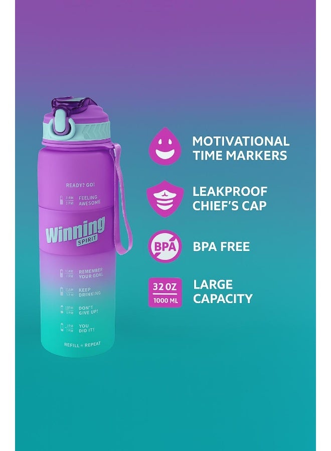 Toshionics 1000ml Motivational Winning Spirit Water Bottle with Time Markers, One-Touch Lockable Lid, Flip-Up Integrated Straw, One Carry Handle and Non-Slip Lid - BPA-Free, Leak-Proof Lid, Eco- Friendly, Plastic, Reusable, Drink Reminder Water Bottle for Adults and Kids in School, Office, Daily Hydration, Gym, Fitness, Yoga, Cycling, Hiking, Outdoor Camping, Hiking, Sports and Travel, 32oz Bottle - Image 2
