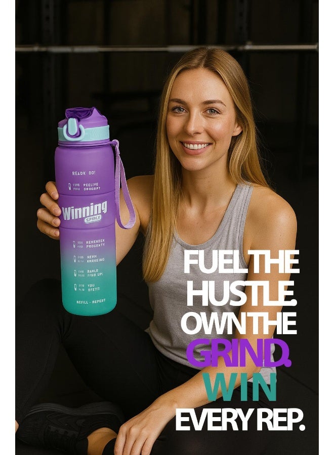 Toshionics 1000ml Motivational Winning Spirit Water Bottle with Time Markers, One-Touch Lockable Lid, Flip-Up Integrated Straw, One Carry Handle and Non-Slip Lid - BPA-Free, Leak-Proof Lid, Eco- Friendly, Plastic, Reusable, Drink Reminder Water Bottle for Adults and Kids in School, Office, Daily Hydration, Gym, Fitness, Yoga, Cycling, Hiking, Outdoor Camping, Hiking, Sports and Travel, 32oz Bottle - Image 3