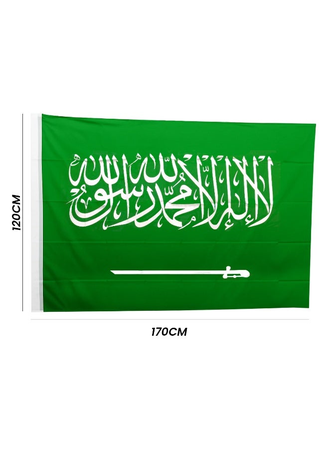 اي جي سي علم المملكة العربية السعودية الوطني 170×120 سم - علم أخضر عالي الجودة مع نقش عربي وسيف، متين للاستخدام الداخلي والخارجي - Image 3