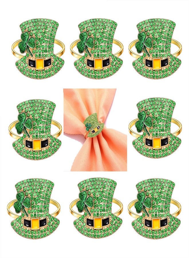 HSWE 8Pcs St Patrick's Day Napkin Rings Rhinestone Top Hat Metal Serviette Buckles Holder Crystal Green Leprechaun Hat Napkin Holder for Irish Holidays Party Dinner Table Decoration - Image 1