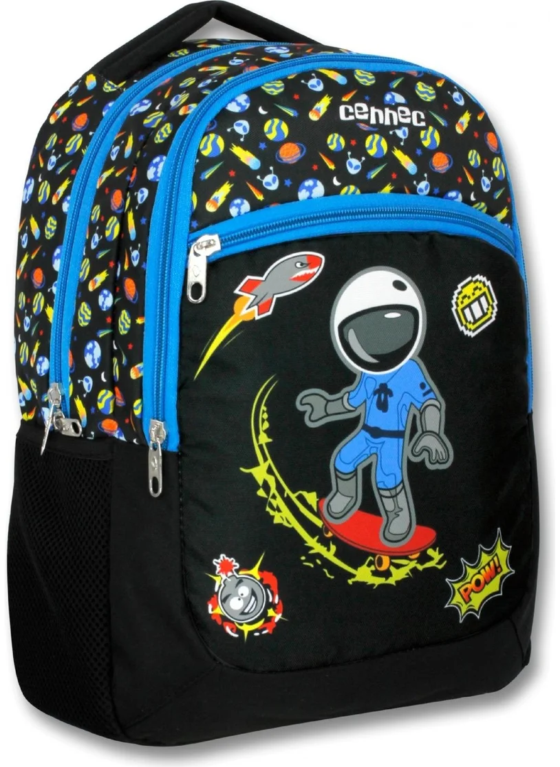 Ümit Çanta Cennec Black Blue Astronaut Boys Primary School Backpack - Three Compartments