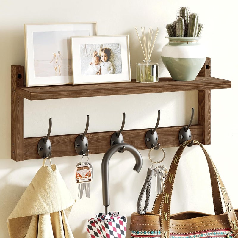 AMBIRD Wall Hooks With Shelf - Entryway Wood Coat Rack With 5 Dual Hooks for Bathroom, Living Room, Bedroom (Retro-17.12inch) - Image 1
