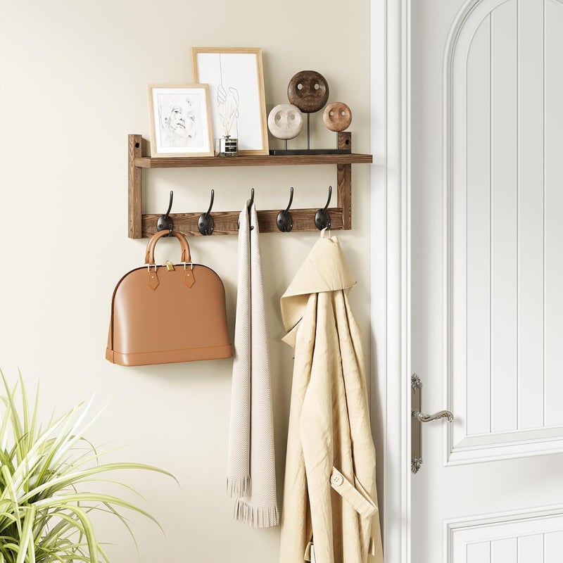 AMBIRD Wall Hooks With Shelf - Entryway Wood Coat Rack With 5 Dual Hooks for Bathroom, Living Room, Bedroom (Retro-17.12inch) - Image 4