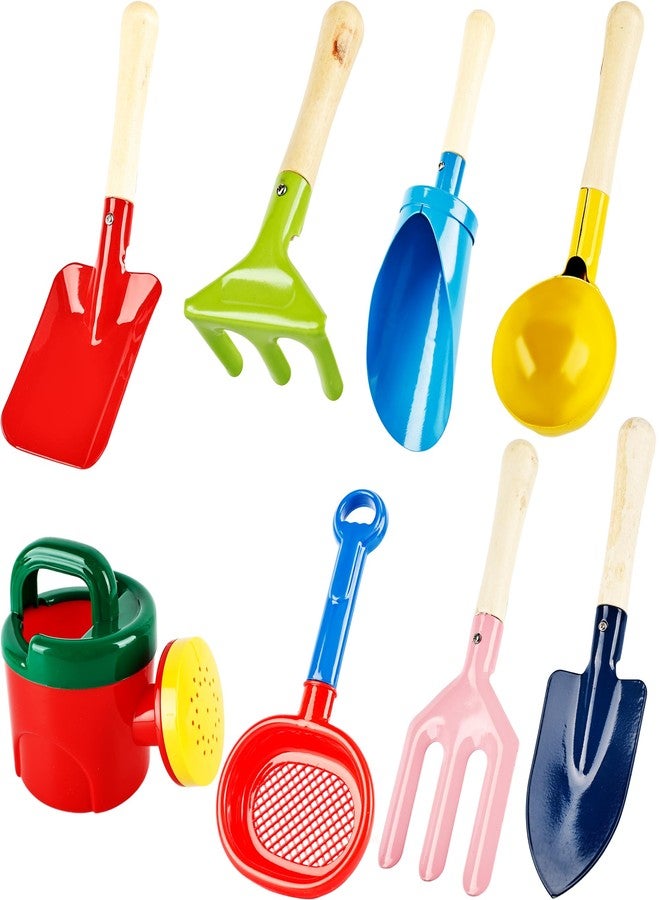 Feradny 8 Pcs Kids Beach Sand Tools Metal Beach Spoon, Fork, Trowel, Rake, Flat and Pointed Shovel Sand Toys with Sturdy Wooden Handle Watering Can Sand Sifter Sieves for Children Beach Gardening Use - Image 1