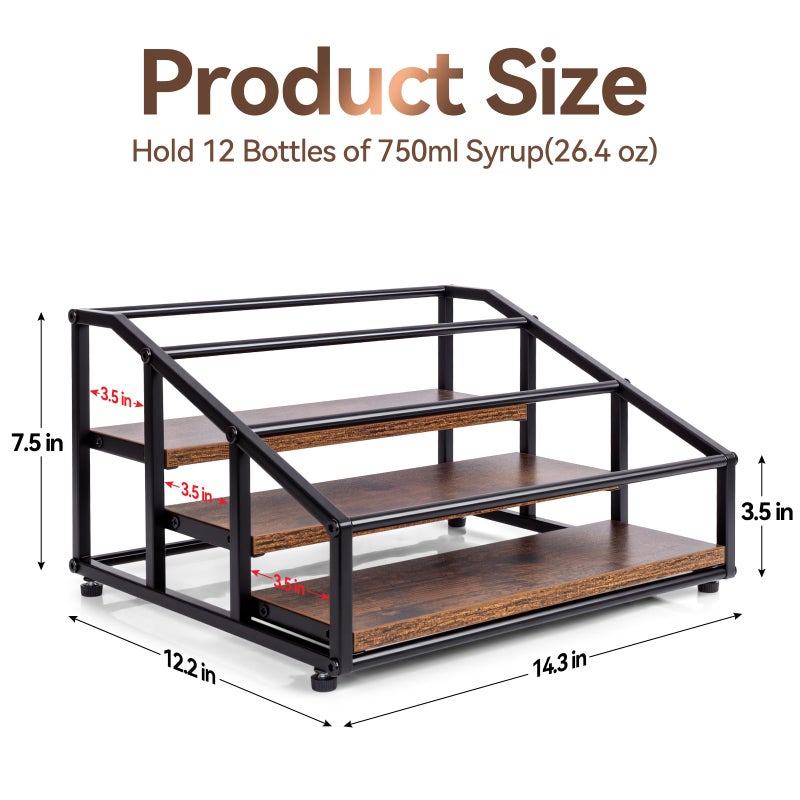 kimilus Coffee Syrup Organizer Rack, Liquor Bottle Display Shelf, 3 Tier 12 Syrup Bottles Holder Stand for Coffee Bar Kitchen Small Wine Rack for Family Storage for Syrup Wine Dressing - Image 3
