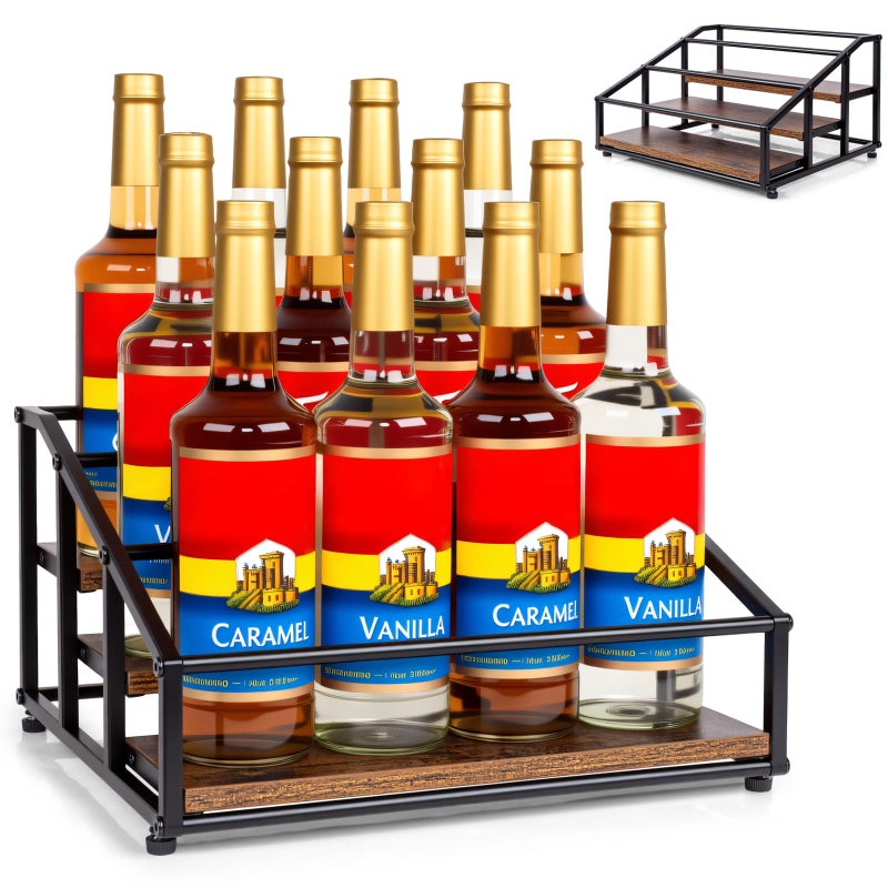 kimilus Coffee Syrup Organizer Rack, Liquor Bottle Display Shelf, 3 Tier 12 Syrup Bottles Holder Stand for Coffee Bar Kitchen Small Wine Rack for Family Storage for Syrup Wine Dressing - Image 1