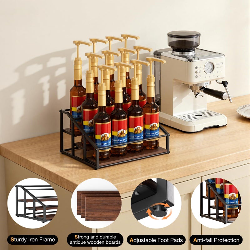 kimilus Coffee Syrup Organizer Rack, Liquor Bottle Display Shelf, 3 Tier 12 Syrup Bottles Holder Stand for Coffee Bar Kitchen Small Wine Rack for Family Storage for Syrup Wine Dressing - Image 5