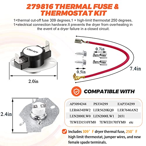 Beaquicy 2025 Upgraded 279838 W10724237 Dryer Heating Element by Beaquicy - Fit for Whirlpool Cabrio Kenmore Maytag Amana Dryer - Includes 279816 Thermal Fuse and Thermostat Kit & 3392519 Dryer Thermal Fuse - Image 3