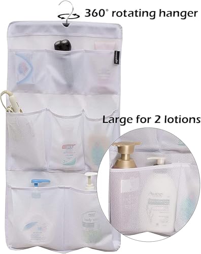 MISSLO 8 Pockets Mesh Shower Organizer Hanging Caddy with Rotating Hanger Quick Dry Bathroom Storage (White) - Image 3