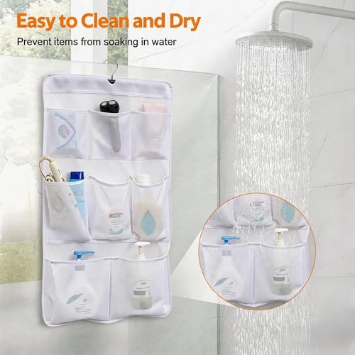 MISSLO 8 Pockets Mesh Shower Organizer Hanging Caddy with Rotating Hanger Quick Dry Bathroom Storage (White) - Image 5