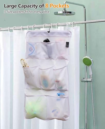 MISSLO 8 Pockets Mesh Shower Organizer Hanging Caddy with Rotating Hanger Quick Dry Bathroom Storage (White) - Image 2