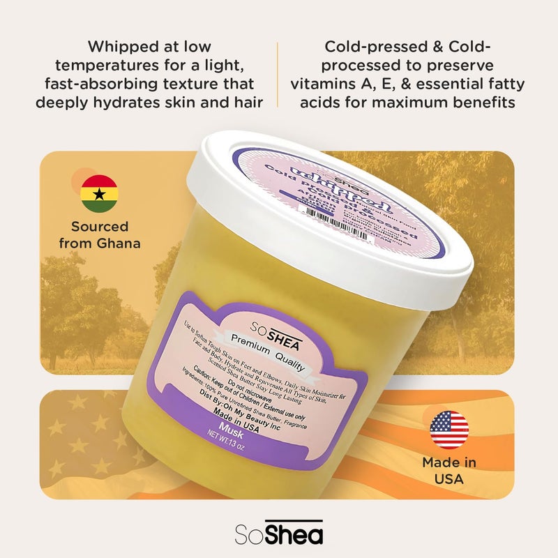SoShea Whipped Shea Butter Musk - Nourishes, Moisturizes & Renews | 100% African Pure Shea Butter | Cold-Pressed & Cold-Processed | No Dyes & Parabens | Vegan | 11.50oz / 326g - Image 2