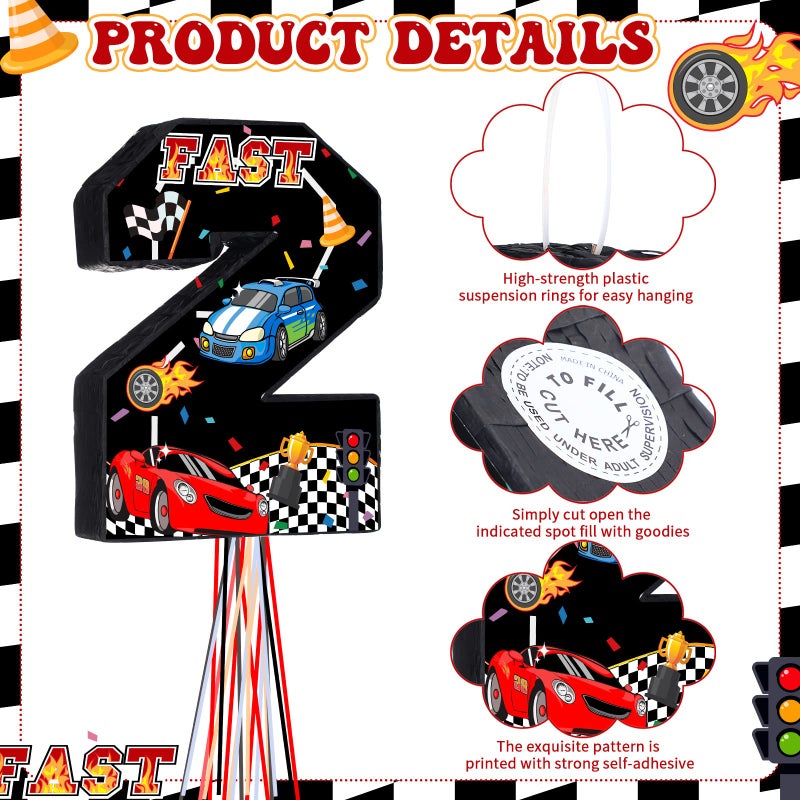 Harrycle Race Car PiÃ±ata Pull String Cars PiÃ±atas for Birthday Party Decorations Number 2 3 4 5 6 with Blindfold Stick Small Red Black Racing Theme 2nd 3rd 4th 5th 6th Party Supplies(Number 2) - Image 3