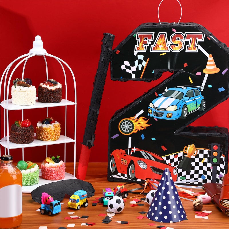Harrycle Race Car PiÃ±ata Pull String Cars PiÃ±atas for Birthday Party Decorations Number 2 3 4 5 6 with Blindfold Stick Small Red Black Racing Theme 2nd 3rd 4th 5th 6th Party Supplies(Number 2) - Image 4