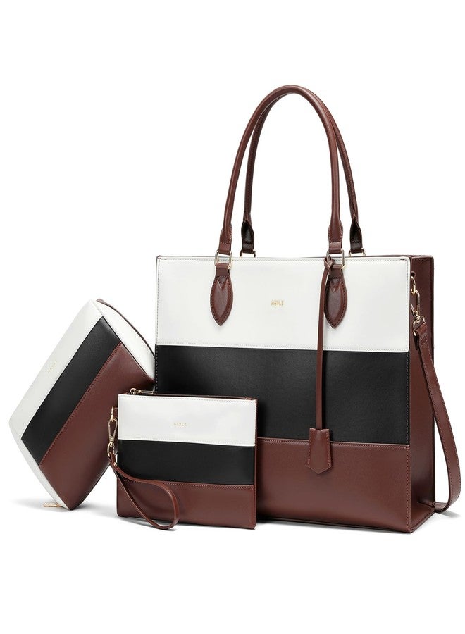 Keyli 3pcs Sets Laptop Bag for Women,15.6 Work Tote Bags Waterproof Leather Business Computer Briefcase with Clutch Purses Casual Shoulder Handbag Messenger Bag for Travel Office Khaki - Image 1