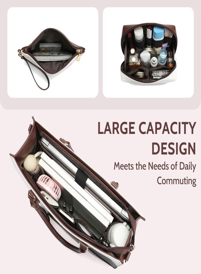 Keyli 3pcs Sets Laptop Bag for Women,15.6 Work Tote Bags Waterproof Leather Business Computer Briefcase with Clutch Purses Casual Shoulder Handbag Messenger Bag for Travel Office Khaki - Image 5