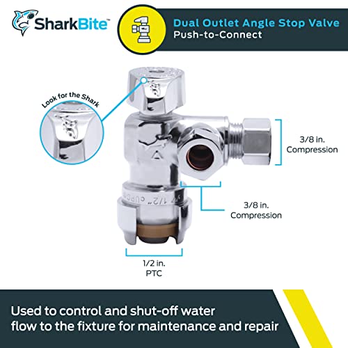 SharkBite 1/2 x 3/8 Inch Compression Dual Outlet Angle Stop Valve, Quarter Turn, Push to Connect Brass Plumbing Fitting, PEX Pipe, PE-RT, CPVC, Copper Pipe, 25558LF - Image 2
