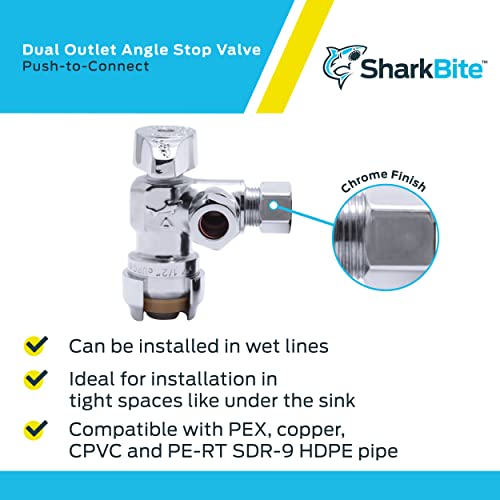 SharkBite 1/2 x 3/8 Inch Compression Dual Outlet Angle Stop Valve, Quarter Turn, Push to Connect Brass Plumbing Fitting, PEX Pipe, PE-RT, CPVC, Copper Pipe, 25558LF - Image 4