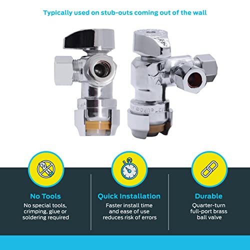 SharkBite 1/2 x 3/8 Inch Compression Dual Outlet Angle Stop Valve, Quarter Turn, Push to Connect Brass Plumbing Fitting, PEX Pipe, PE-RT, CPVC, Copper Pipe, 25558LF - Image 3