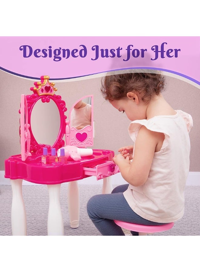 Prextex PREXTEX Kids Makeup Table with Mirror and Chair, Princess Play Set, Kids Makeup Vanity Table with Makeup Accessories and Light and Musical Sound Effects for Toddler Girls  - Image 2