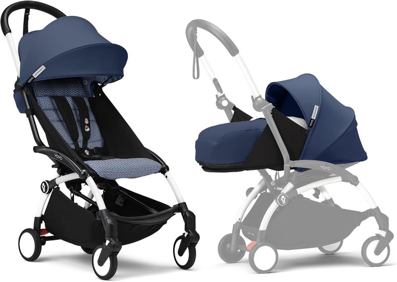 Stokke YOYO3 Stroller with Newborn Pack - Includes White Frame, YOYO 6+ Color Pack & 0+ Newborn Pack - Air France Blue - Image 1