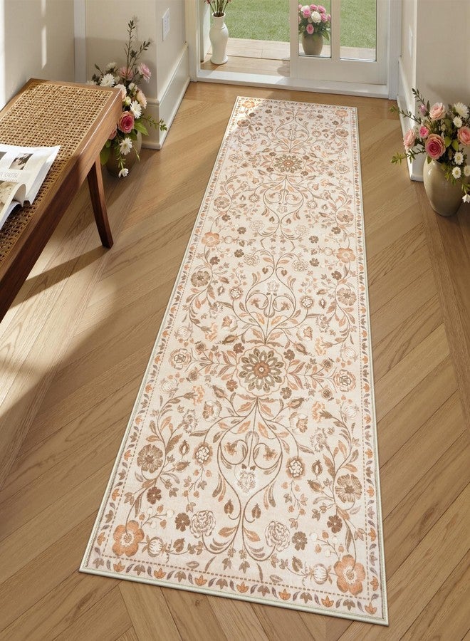 أوجيا سجادة ممر من أوجيا للممرات والمطبخ، مانعة للانزلاق، مقاس 2 × 6 قدم، قابلة للغسل، بظهر مطاطي، سجادة حمام بوهيمية، وبر منخفض، ناعمة، مزينة بنقوش زهور، مناسبة للمداخل وغرف الغسيل وغرف النوم. - Image 2