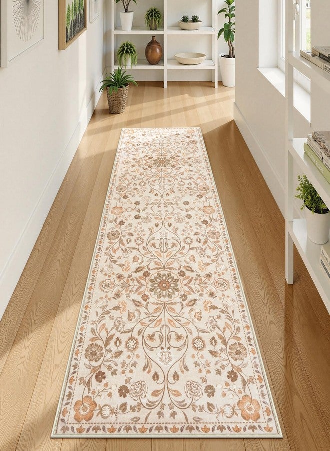 أوجيا سجادة ممر من أوجيا للممرات والمطبخ، مانعة للانزلاق، مقاس 2 × 6 قدم، قابلة للغسل، بظهر مطاطي، سجادة حمام بوهيمية، وبر منخفض، ناعمة، مزينة بنقوش زهور، مناسبة للمداخل وغرف الغسيل وغرف النوم. - Image 3