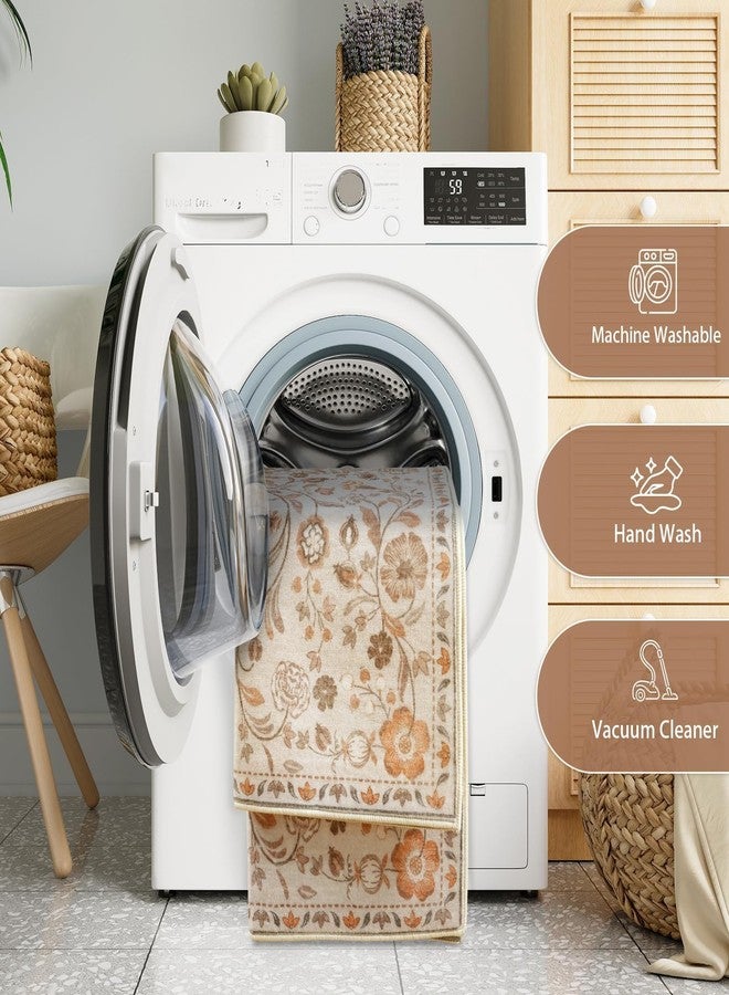 أوجيا سجادة ممر من أوجيا للممرات والمطبخ، مانعة للانزلاق، مقاس 2 × 6 قدم، قابلة للغسل، بظهر مطاطي، سجادة حمام بوهيمية، وبر منخفض، ناعمة، مزينة بنقوش زهور، مناسبة للمداخل وغرف الغسيل وغرف النوم. - Image 4