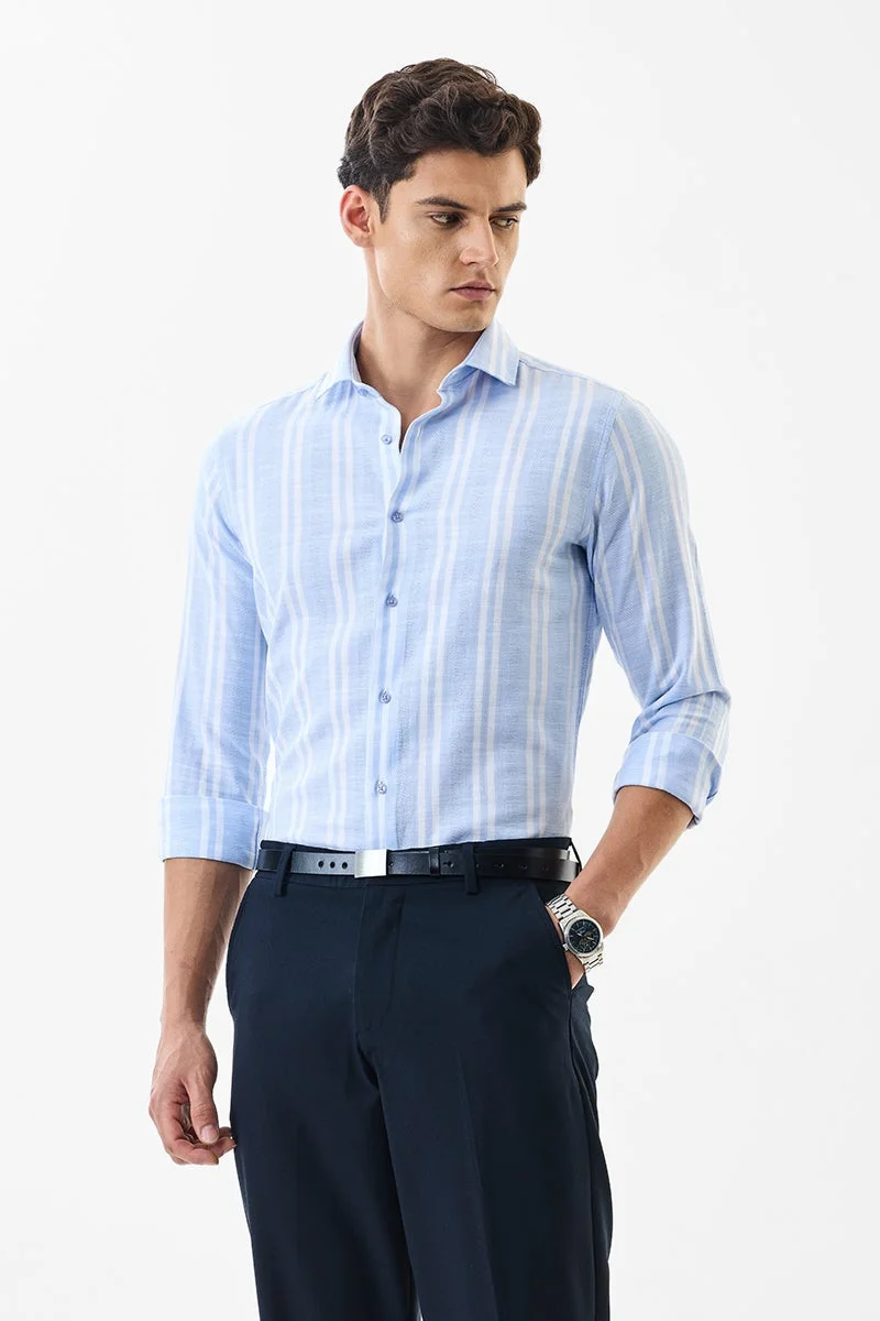 سنيتش Pastel Blue Striped Long Sleeve Slim Fit Luxe Shirt