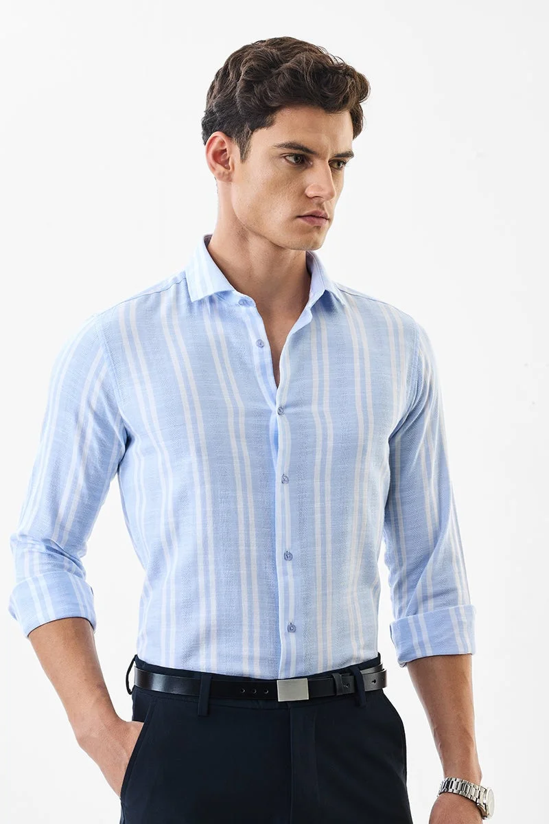 سنيتش Pastel Blue Striped Long Sleeve Slim Fit Luxe Shirt
