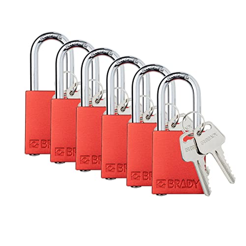 Brady Safety Lockout Padlock Sets - Red - Keyed Alike Safety Lockout Padlocks - 2 Keys Per Lock - SDAL-RED-38ST-KA6 - Aluminum, Steel - Set of 6 - Image 1