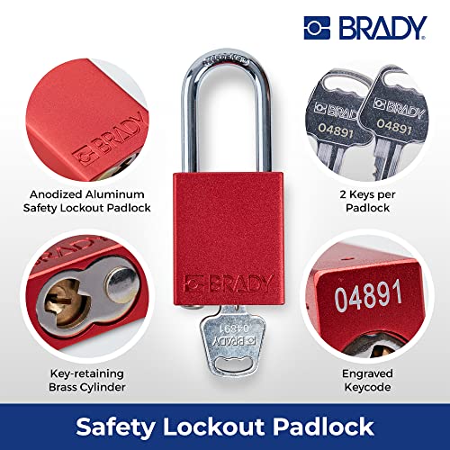 Brady Safety Lockout Padlock Sets - Red - Keyed Alike Safety Lockout Padlocks - 2 Keys Per Lock - SDAL-RED-38ST-KA6 - Aluminum, Steel - Set of 6 - Image 3