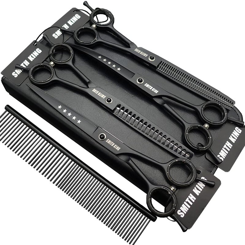 Smithking 7.0 inches Professional Dog Grooming Scissors Set Straight & thinning & Curved & chunkers & comb 5pcs in 1 Set for left-handed & right handed Black - Image 1