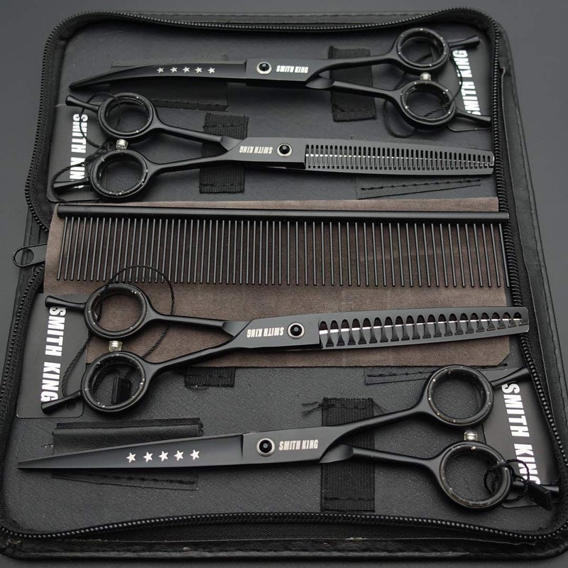 Smithking 7.0 inches Professional Dog Grooming Scissors Set Straight & thinning & Curved & chunkers & comb 5pcs in 1 Set for left-handed & right handed Black - Image 2