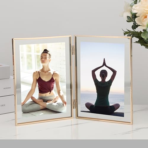 GorYeeFine Gold 5x7''Double Floating Frame,For Photo Sizes(3.5 x5'' & 4x 6''),4X6''Metal Lace Edge Frames Adjustable Tabletop/Shelf Photo Frame,for Wedding,Thanksgiving,Christmas - Image 2
